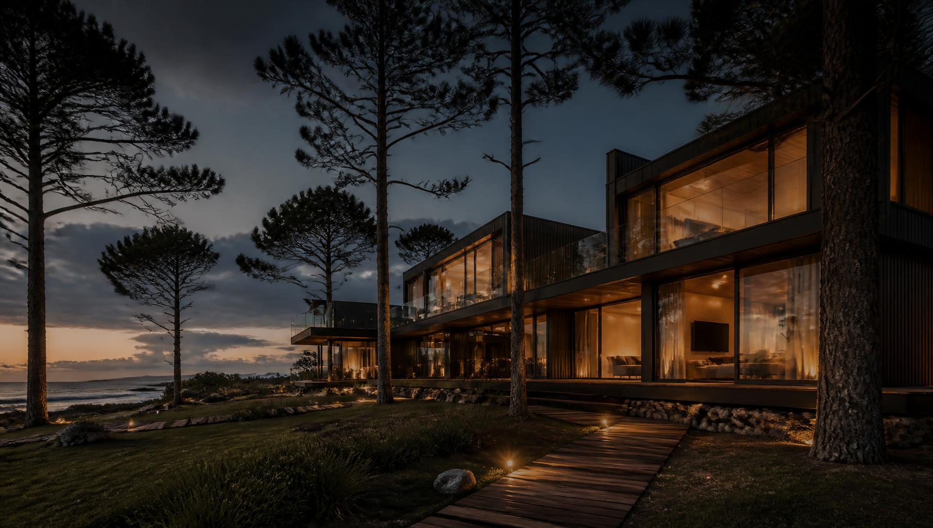 Casa de arquitetura contemporânea entre pinheiros no litoral norte gaúcho ao anoitecer